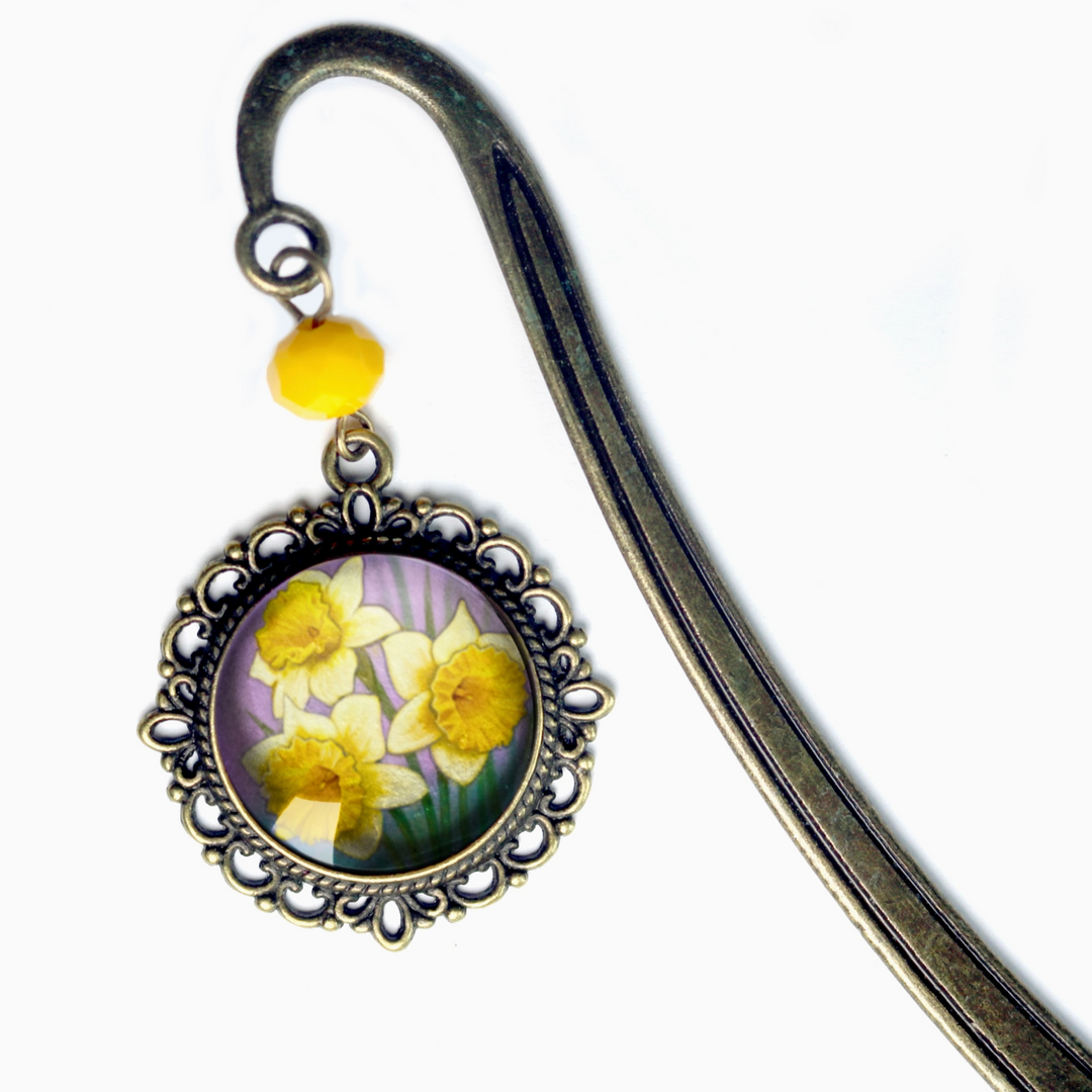 Art Nouveau Daffodil Bronze and Glass Cabochon Bookmark