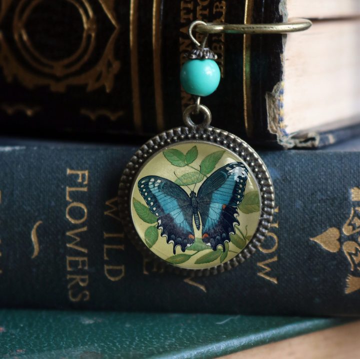 Blue Swallowtail Bronze and Glass Cabochon Bookmark