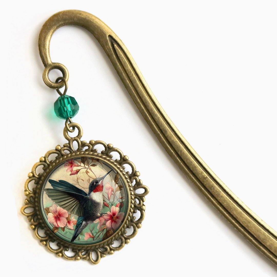 Hummingbird Art Nouveau Bronze and Glass Cabochon Bookmark