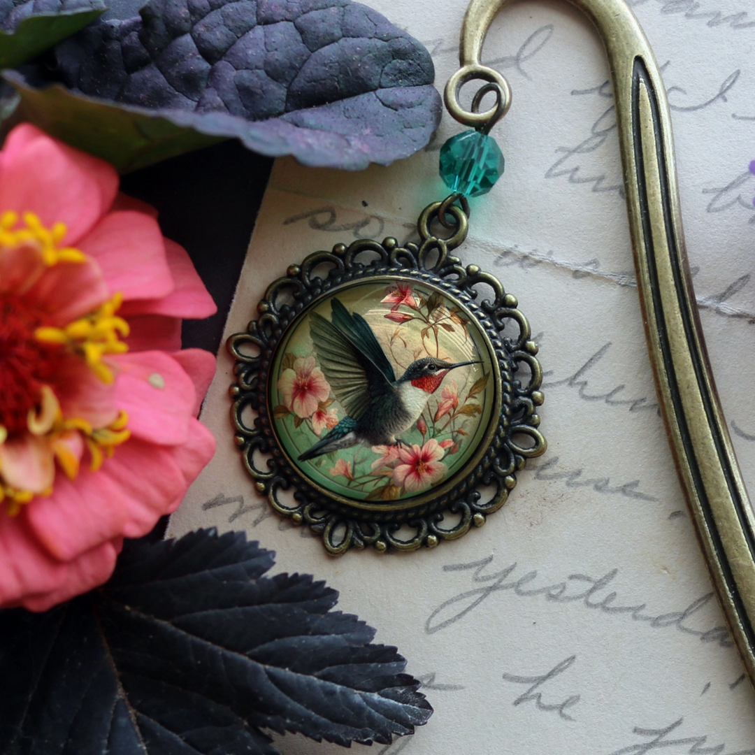 Hummingbird Art Nouveau Bronze and Glass Cabochon Bookmark
