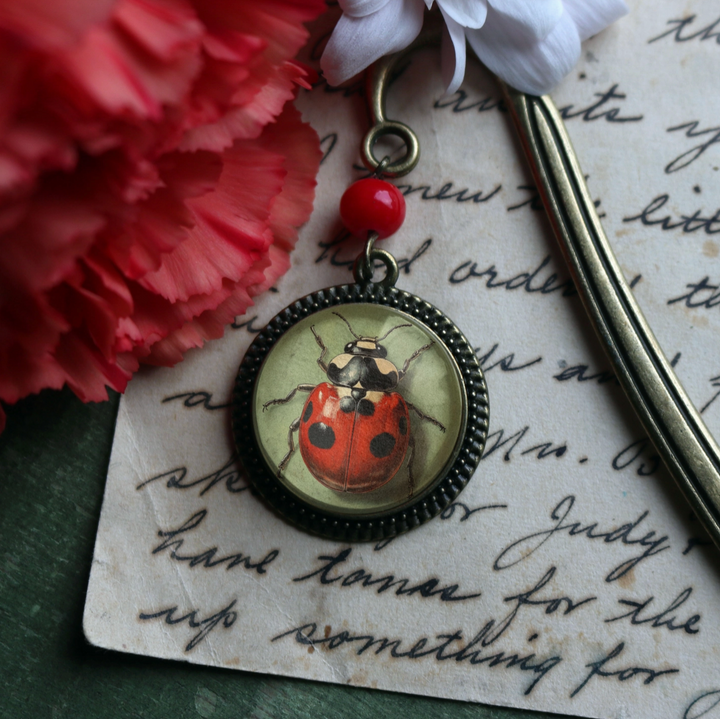 Lady Bug Bronze and Glass Cabochon Bookmark