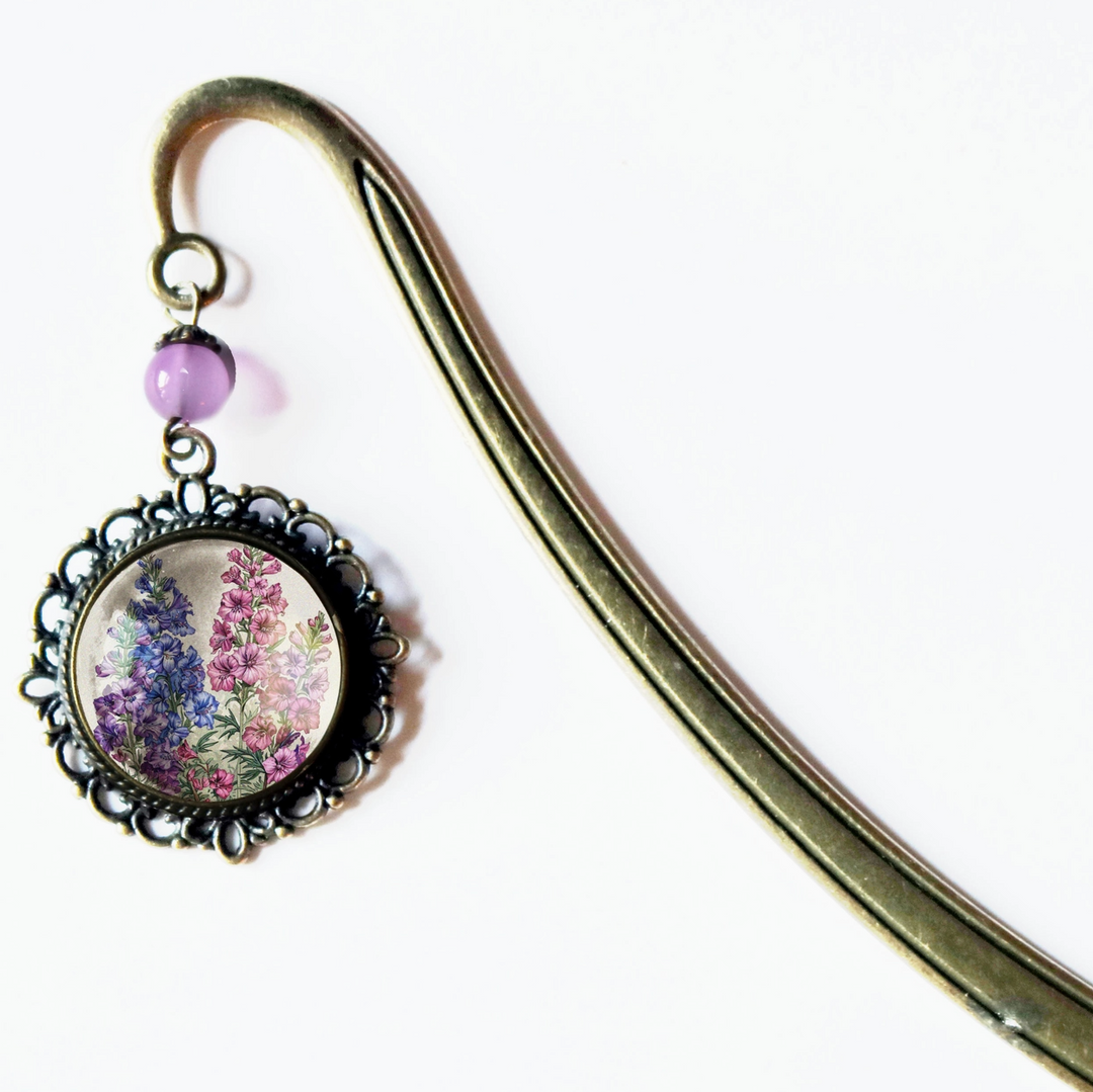 Larkspur Delphinium Glass Cabochon Bronze Bookmark