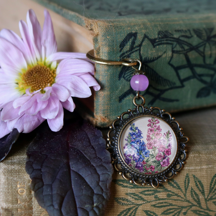 Larkspur Delphinium Glass Cabochon Bronze Bookmark