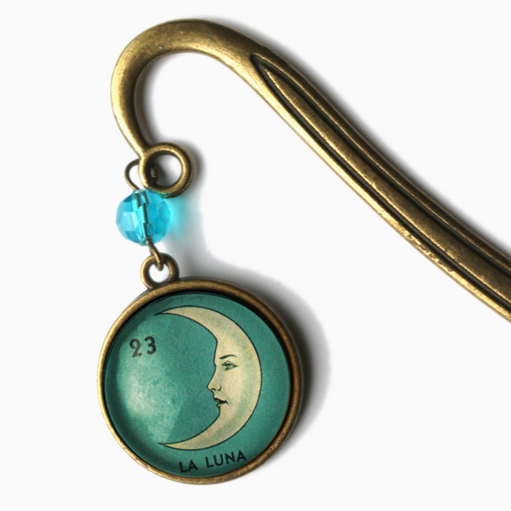 Loteria La Luna Crescent Moon Bronze and Glass Cabochon Bookmark
