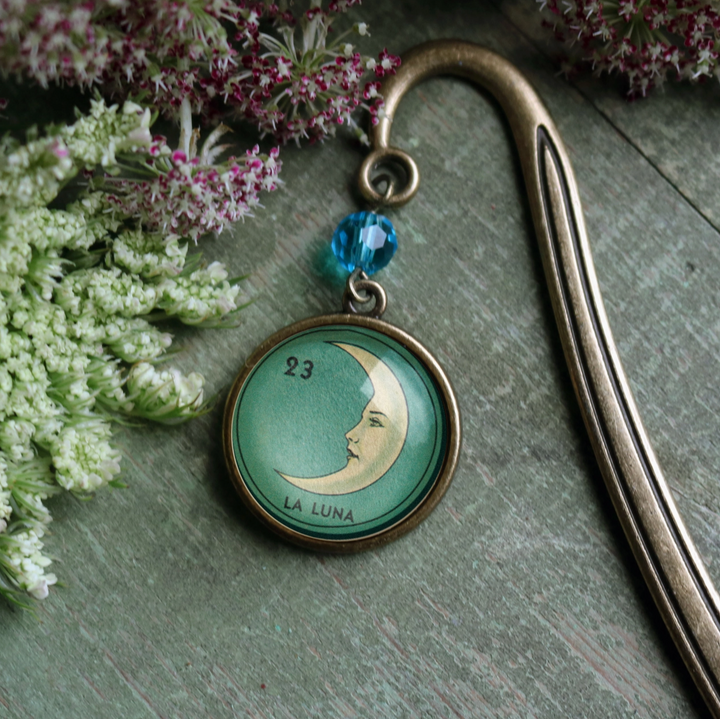Loteria La Luna Crescent Moon Bronze and Glass Cabochon Bookmark