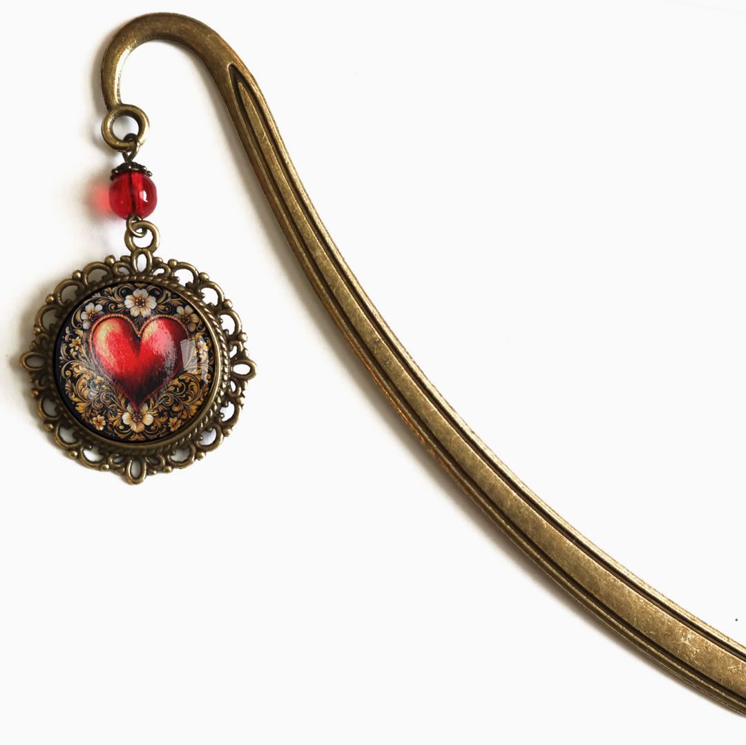 Ornate Heart Bronze and Glass Cabochon Bookmark