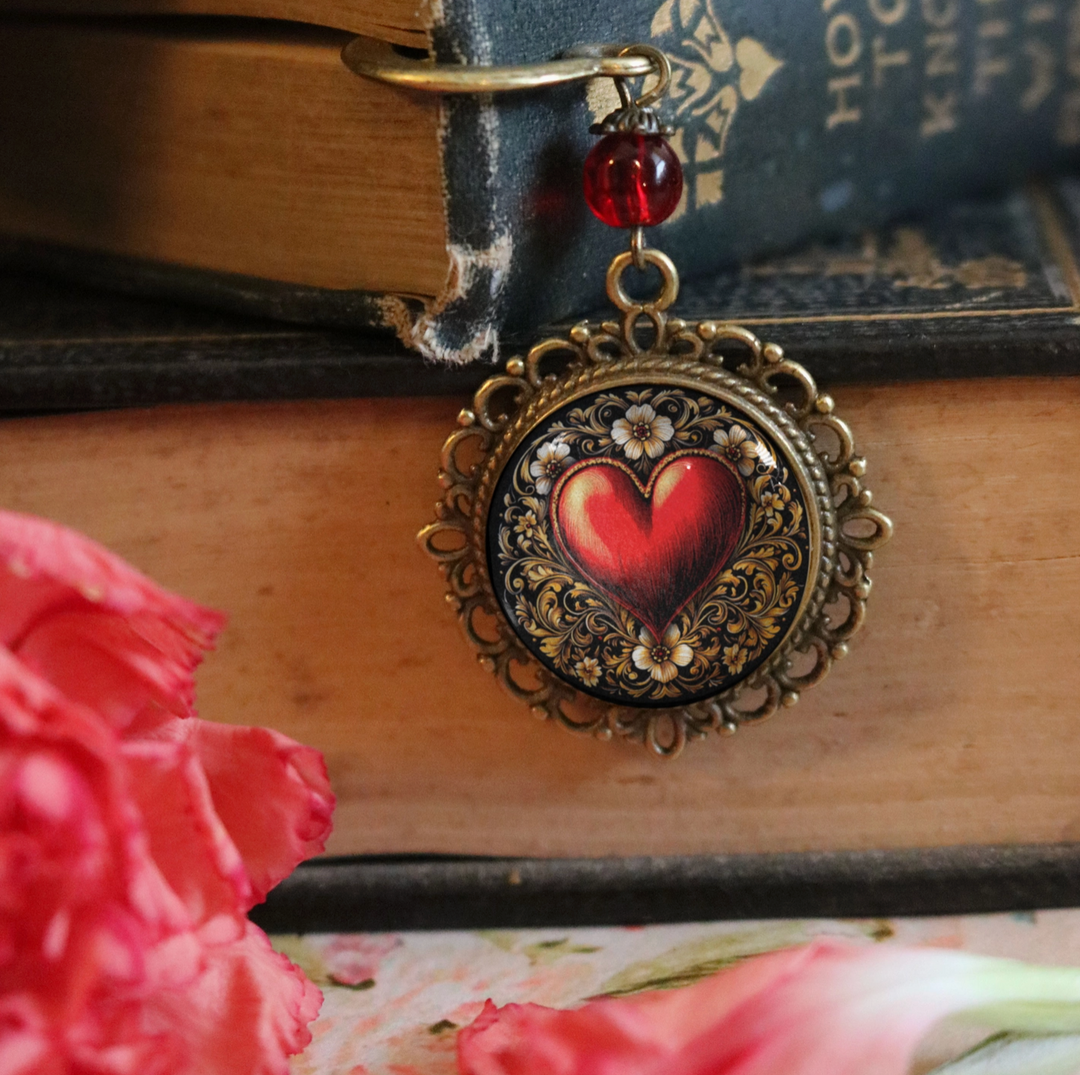 Ornate Heart Bronze and Glass Cabochon Bookmark