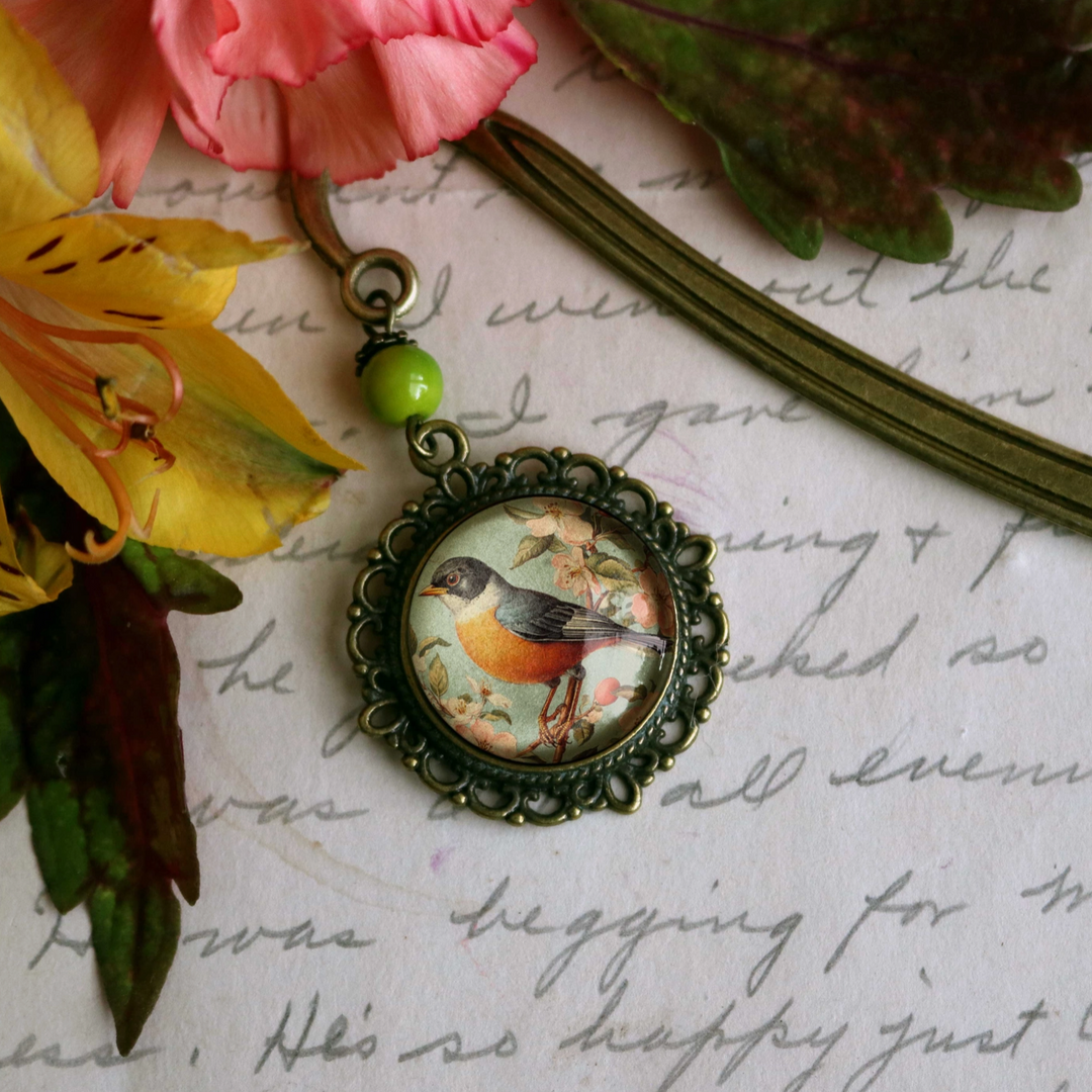 Robin Bronze and Glass Cabochon Bookmark