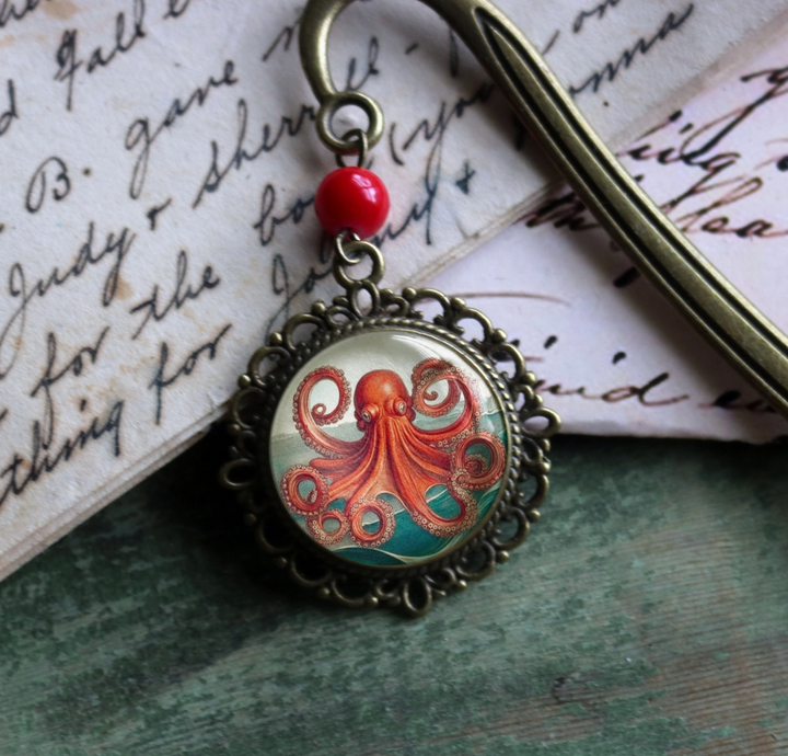 Deep Sea Octopus Bronze and Glass Cabochon Bookmark