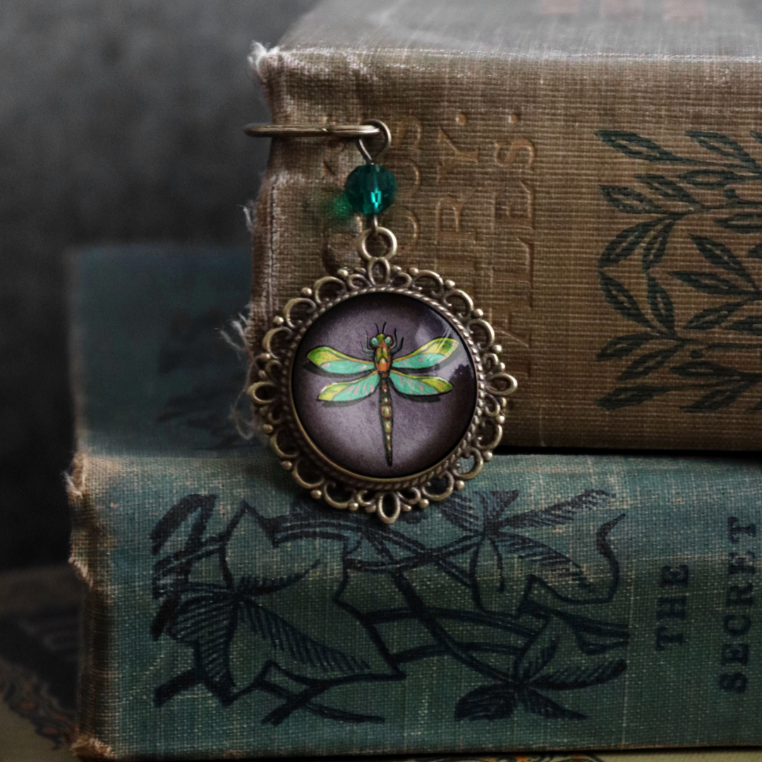 Dragonfly Bronze and Glass Cabochon Bookmark