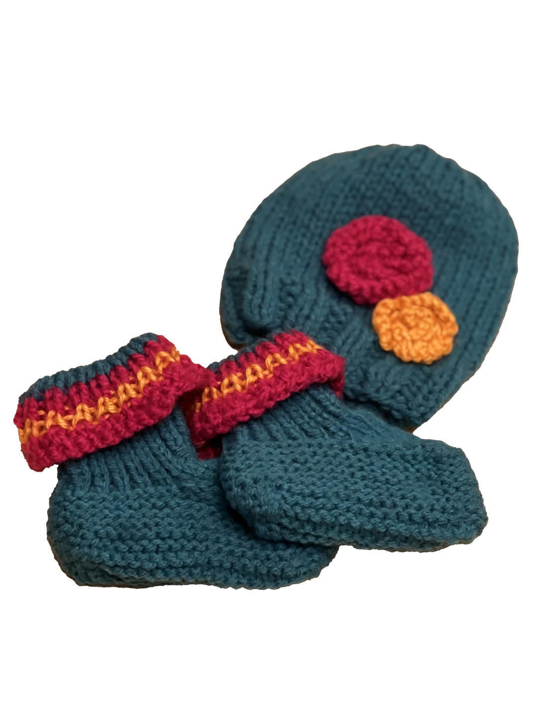 Hand knit hat and booties, 3-6 mo