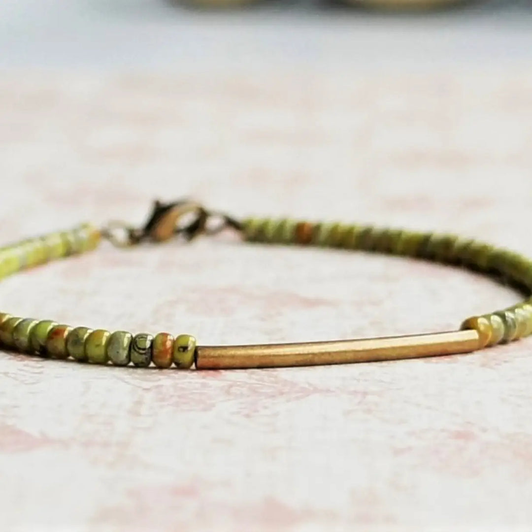 Olive green seed bead, bronze bar bracelet