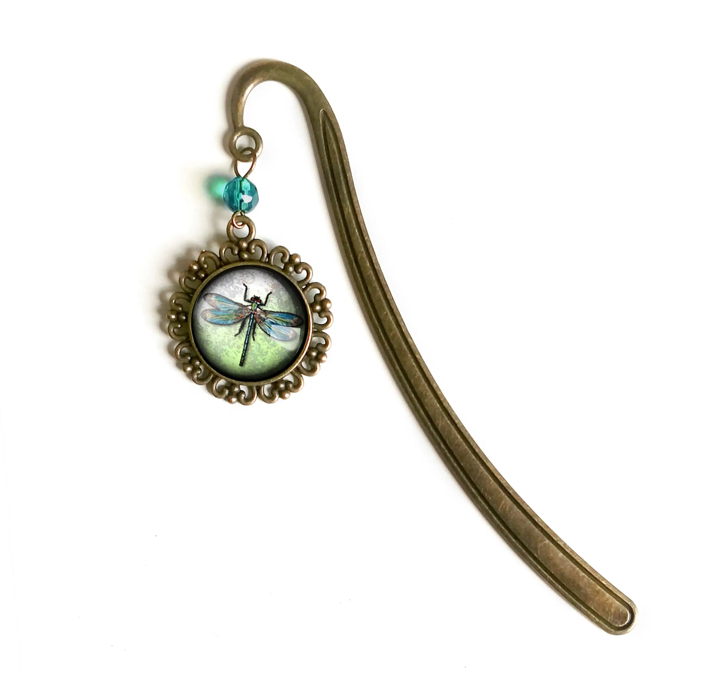 Dragonfly Brass Bookmark - Vintage Inspired Glass Cabochon